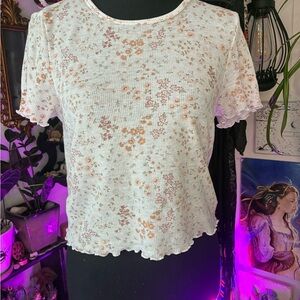 American Eagle Cream Crop T-Shirt with Ruffled Short Sleeves